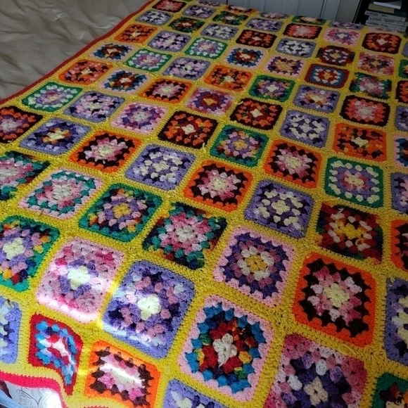 Vintage Granny Square Afghan Throw Blanket Rainbow Multi color Boho Handmade - Picture 13 of 14